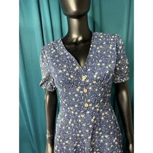 Droimp Blue Floral Print‎ Button Up V Neck Short Sleeve Midi Dres M thumbnail 3