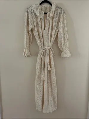 Doen Persephone Cream Eyelet Midi Dress with Tassel Belt in Magnolia NWT sz XXS thumbnail 10