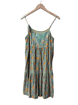 Natural Life Sleeveless Lace Inset Tiered Mini Dress Floral Teal Orange Medium thumbnail 2