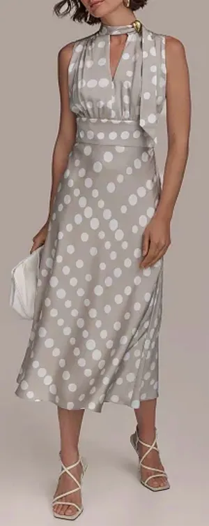 NEW Donna Karan Polka Dot French Twill Scarf Tie Neck Sleeveless Midi Dress 10 thumbnail 1