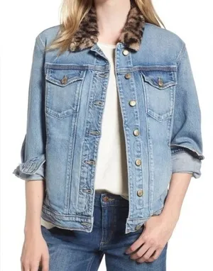 JOE’S Jean Jacket with Leopard Faux Fur Collar Denim new no tags Animal Print thumbnail 1