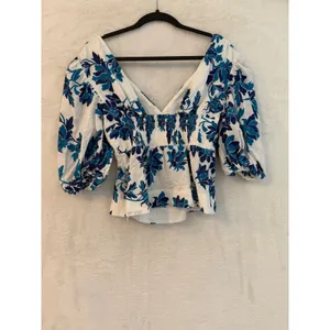BoBo Bourgeois Boheme Blue Floral Embroidered Puff Sleeve Top Size 38 V-Neck thumbnail 8