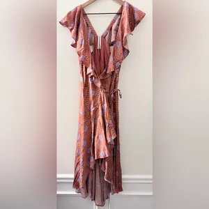 Anthropologie Ruffle Sleeve Printed Wrap Maxi Dress brown cornflower S thumbnail 4