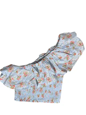 Abercrombie & Fitch NWOT Blue Floral Smocked Ruffle Crop Top Small S thumbnail 2