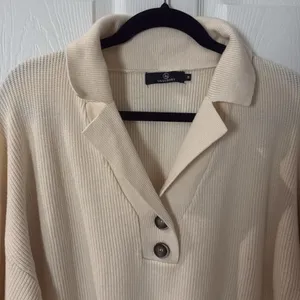 Cream Ribbed Long Sleeve Polo Sweater oversized medium thumbnail 3