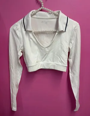 Aerie Cropped White Long-Sleeve Polo Top thumbnail 1