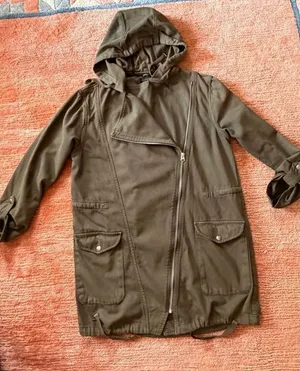 Topshop Khaki Hooded Utility Jacket Asymmetrical Zip Cotton Size US 4 thumbnail 1