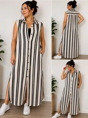 H&M Black & Cream Sleeveless Button-Front Striped Maxi Dress thumbnail 2