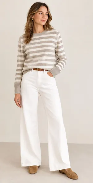KULE 100% Cashmere Striped Classic Round Neck Pullover Sweater Size Small Tan thumbnail 1