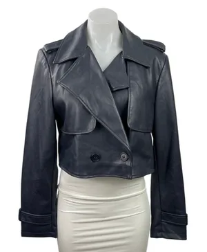 7 For All Mankind Black Faux Leather Vegan Cropped Biker Moto Coat Jacket Size M thumbnail 1