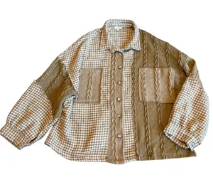 POL Pieced Houndstooth Panel Shacket Mocha Multi Patch Relaxed Fit Size Large thumbnail 1