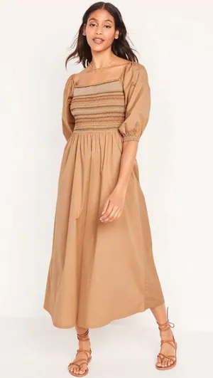 Old Navy NEW Fit & Flare Off-The-Shoulder Puff-Sleeve Smocked Cotton-Poplin Midi Dress thumbnail 1