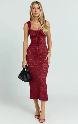 Showpo Collette Wine Red Lace Midi Dress thumbnail 6