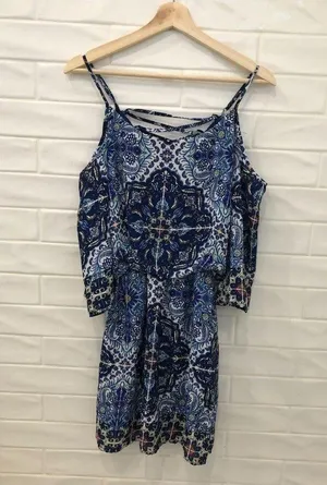 Bisou Bisou Michele Bohbot Blue Print Dress Cold Shoulder Blouson Mini dress thumbnail 4