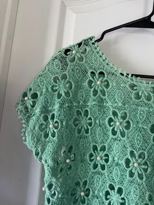 Crochet Floral Short-Sleeve Tunic in Mint Green / BB26 thumbnail 2