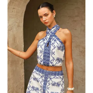 NWT COMMENSE Blue White Printed Palm Tropical Halter Crop Top Womens Large thumbnail 9