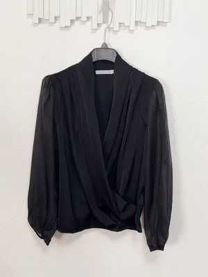 Miss Sparkling Black Satin Surplice Wrap Blouse Draped Long Sleeve Elegant Top thumbnail 2