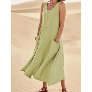 Sleeveless 100% Cotton Midi Dress with Pockets Light Green size 14 thumbnail 2