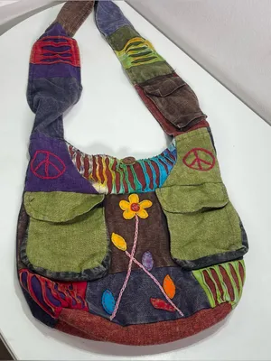 Patchwork Boho Hobo Shoulder Bag Colorful Peace Flower Outer Pockets Whimsigoth Green thumbnail 1