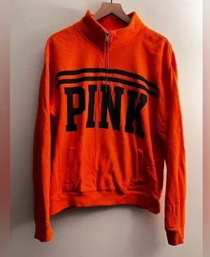Victoria’s Secret PINK orange quarter zip pullover sweatshirt spell out M thumbnail 1