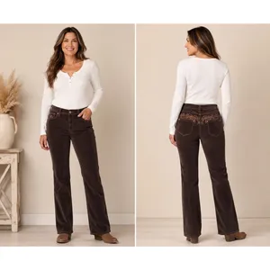 Reba Womens Brown Corduroy Bootcut‎ Pants Embroidered Studded Western Size 10 thumbnail 2