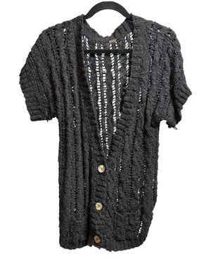 Free People Black Knit‎ Distressed Button Front Short Sleeve Cardigan Sweater thumbnail 1