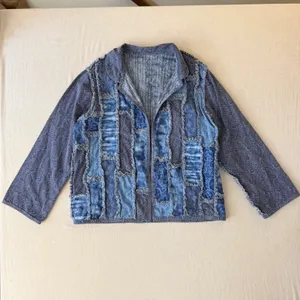 Handmade Patchwork Jacket Women L Blue Quilted Rag Style Artisan Boho Chore Coat thumbnail 2