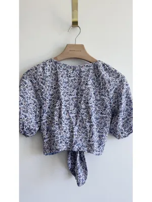 Abercrombie & Fitch Linen Blend Floral Tie Front Crop Top Puff Sleeve XS thumbnail 9