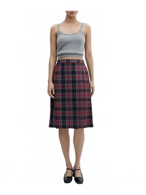 Mango Pleated Midi-Skirt NWT Red Blue Plaid Size Small thumbnail 6