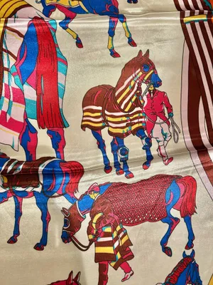 Vintage classic EQUESTRIAN horses PRINT ORANGE/ off white SQUAR SILK SCARF 35/35 thumbnail 7