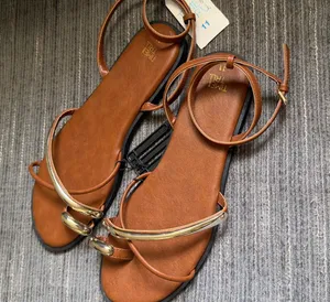 Time and Tru Brown Ankle Strap Sandals with Gold Accent thumbnail 1