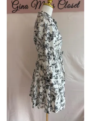 A New Day Women's XS Floral Print Shirt Dress with Belt - Off-White and Black thumbnail 4