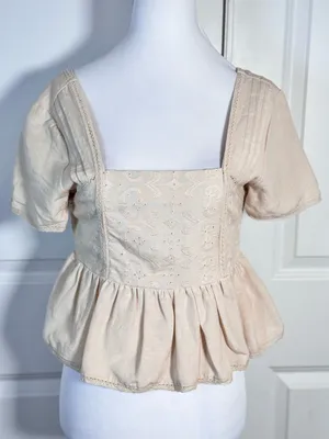 Midnight sky Cream Linen Blend Eyelet Peplum Top S Square Neck Cottagecore Coquette Prairie thumbnail 2