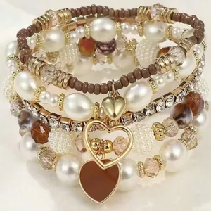 Boho Pearl & Crystal Heart Charm Bracelet Stack (5 Pieces) Gold thumbnail 3
