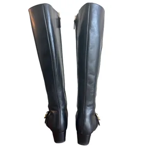 Tory Burch Moto Wrap Wedge Riding Boots Black Leather Gold Logo Size 8 thumbnail 4