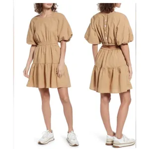Madewell Dress Women's Size M Tan Brown Short Sleeve Tiered Mini Button‎ Back thumbnail 2