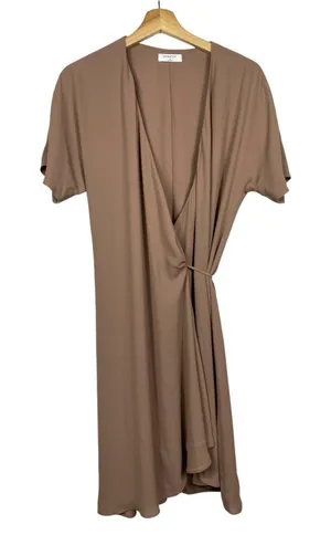 Babaton Aritzia Wallace Light Brown Wrap‎ Dress Size S Short Sleeve V-Neck thumbnail 1