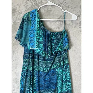 Fuzzi Italy Lace Mosaic Print One Shoulder Mesh Maxi Dress Turquoise Blue XL‎ thumbnail 4