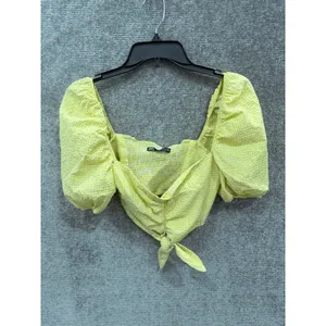 Zara Women Crop Top XS Yellow Gingham Puff Sleeve Front Tie Smocked Back thumbnail 4