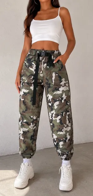 SHEIN Camo Cargo Jogger Pants Utility Buckle Belt thumbnail 1