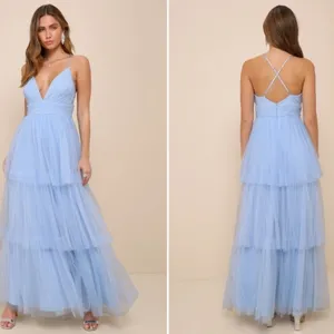 LULU's Prom Sexy Tiered Ruffles Boho Chic Blue Maxi Dress NWOT thumbnail 2