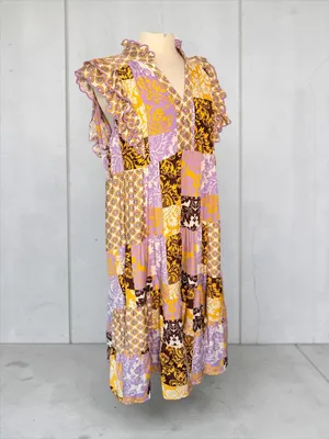 UMGEE Scarf Print Midi Shift Dress, Large, Ruffle Sleeves Boho Cottagecore thumbnail 7