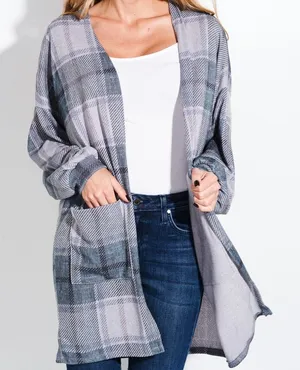 Boho Chic Plaid Rustic Green Pockets Loose fit Open Cardi Cuff Sleeve Duster thumbnail 1