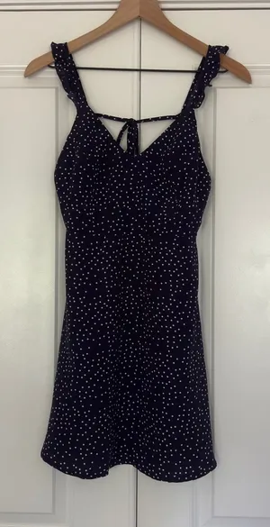 White Fox Polka Dot Mini Dress sleeveless ruffle tie bow back v-neck lightweight thumbnail 1