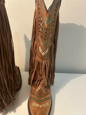 Corral Ladies 7.5 Brown & Multicolor Crystal Fringe Snip Toe Boots C2910 thumbnail 3