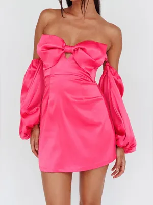 Lily pink satin off shoulder sweetheart bow mini dress. thumbnail 1