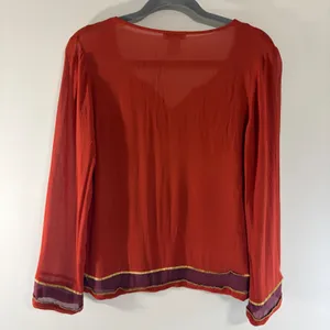 Lucky Brand Rust‎ Red Boho Beaded Bib Long Sleeve Rayon Blouse Small Metallic thumbnail 6