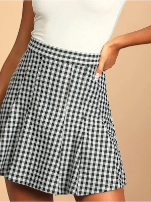Free People Honey Blue Multi Gingham Pleated Skater Mini Skirt size 8 thumbnail 1