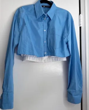 Cropped Blue Zara Shirt with Waistband thumbnail 1