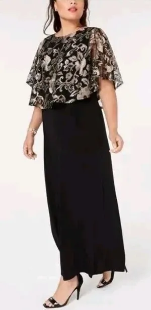 Connected Apparel NWT 39P Black‎ Champagne Floral Lace Capelet Maxi Dress 12 thumbnail 1
